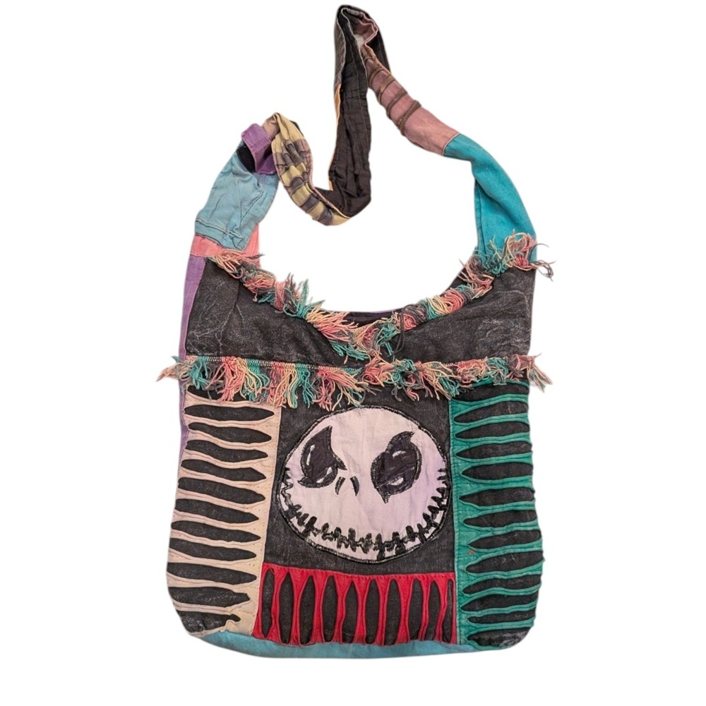 Jack Skellington Patchwork Crossbody Bag Razor Cut Hobo Fringe Multicolor Cotton